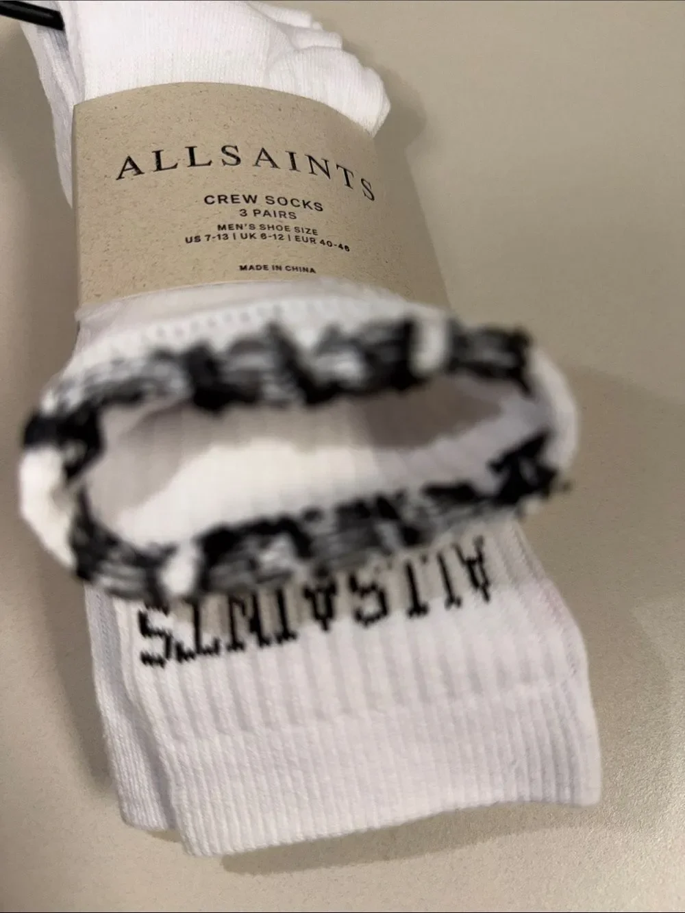 ALL SAINTS Men’s 3 Pack White Black Logo Cotton Blend Crew Socks